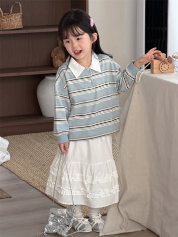 Lányoknak szóló csíkos polo felső, koreai stílus, pamut-poliészter anyag, hosszú ujjú