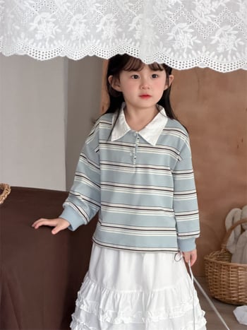 Lányoknak szóló csíkos polo felső, koreai stílus, pamut-poliészter anyag, hosszú ujjú