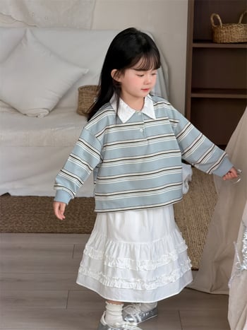 Lányoknak szóló csíkos polo felső, koreai stílus, pamut-poliészter anyag, hosszú ujjú