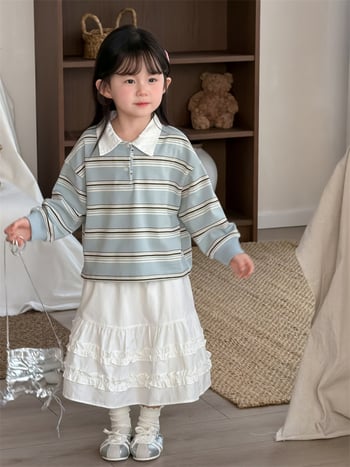 Lányoknak szóló csíkos polo felső, koreai stílus, pamut-poliészter anyag, hosszú ujjú