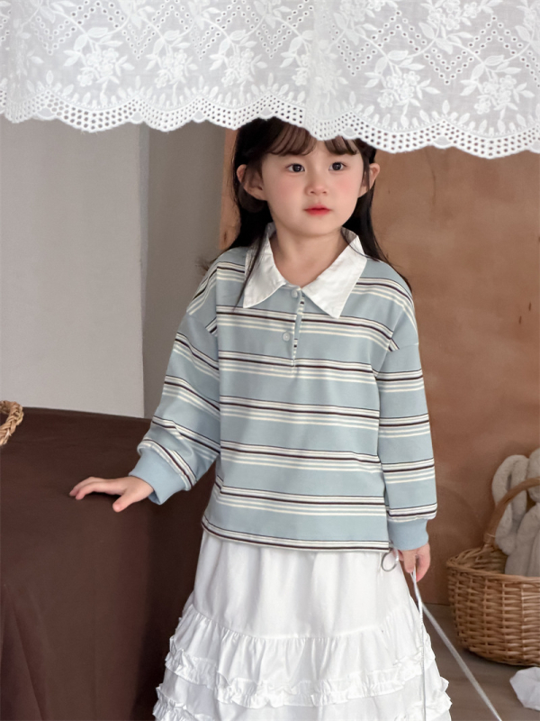 Lányoknak szóló csíkos polo felső, koreai stílus, pamut-poliészter anyag, hosszú ujjú