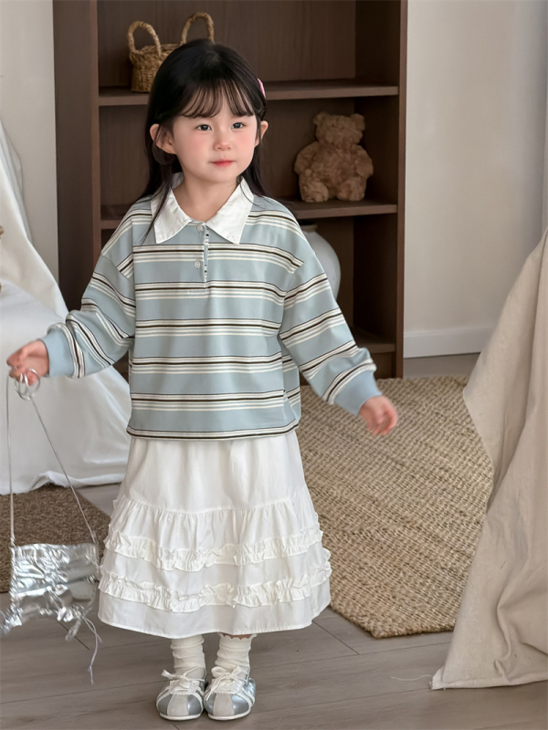 Lányoknak szóló csíkos polo felső, koreai stílus, pamut-poliészter anyag, hosszú ujjú