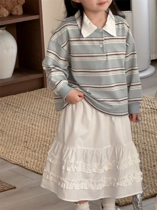 Lányoknak szóló csíkos polo felső, koreai stílus, pamut-poliészter anyag, hosszú ujjú