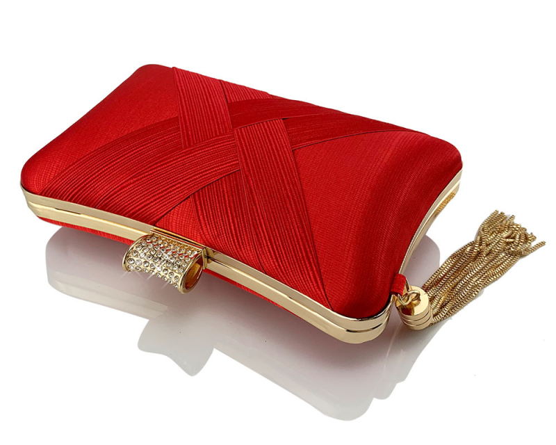 Večernja clutch s resom i dijamantnom kopčom, poliester, oblik jastuka, zaključavanje, čvrsta konstrukcija, džep za telefon