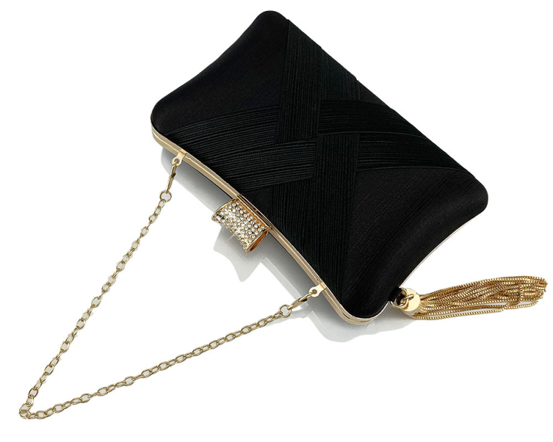 Večernja clutch s resom i dijamantnom kopčom, poliester, oblik jastuka, zaključavanje, čvrsta konstrukcija, džep za telefon