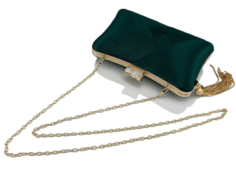 Večernja clutch s resom i dijamantnom kopčom, poliester, oblik jastuka, zaključavanje, čvrsta konstrukcija, džep za telefon
