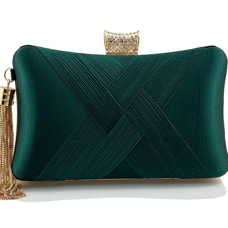 Večernja clutch s resom i dijamantnom kopčom, poliester, oblik jastuka, zaključavanje, čvrsta konstrukcija, džep za telefon