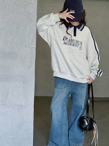 Lányoknak készült hímzett hosszú ujjú poloing, kötött anyag, rajzfilmszerű mintával, koreai stílus