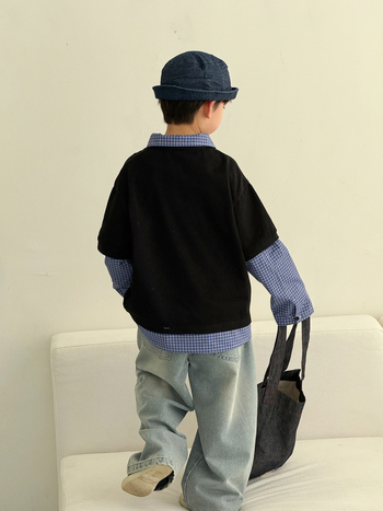 Dječje polo majice, korejski stil, slojeviti lažni dvodijelni izgled, vezenje, unisex, proljeće 2025