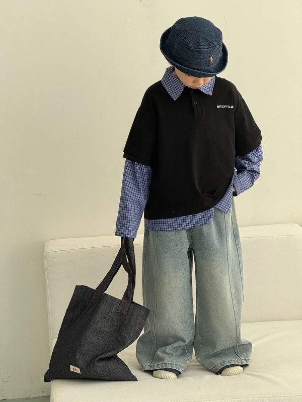 Dječje polo majice, korejski stil, slojeviti lažni dvodijelni izgled, vezenje, unisex, proljeće 2025
