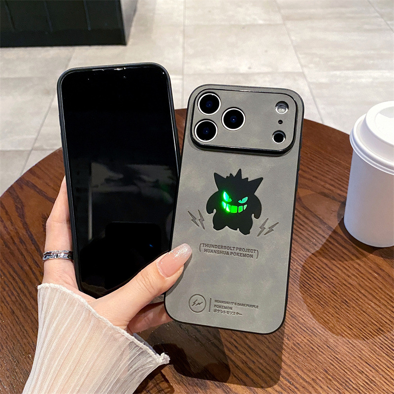 Θήκη iPhone με Cartoon Gengar – πίσω κάλυμμα από βελούδινο δέρμα, ανάγλυφη επιφάνεια, προστασία από πτώσεις, για σειρές iPhone 11–14