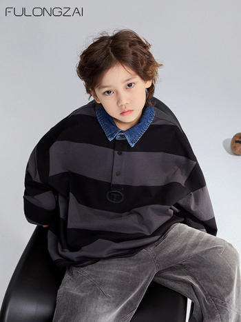 Csíkos gyerek polo, 100% pamut, márka Fulongzai, uniszex, 8 év felett (140 cm fölött)