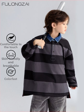 Csíkos gyerek polo, 100% pamut, márka Fulongzai, uniszex, 8 év felett (140 cm fölött)