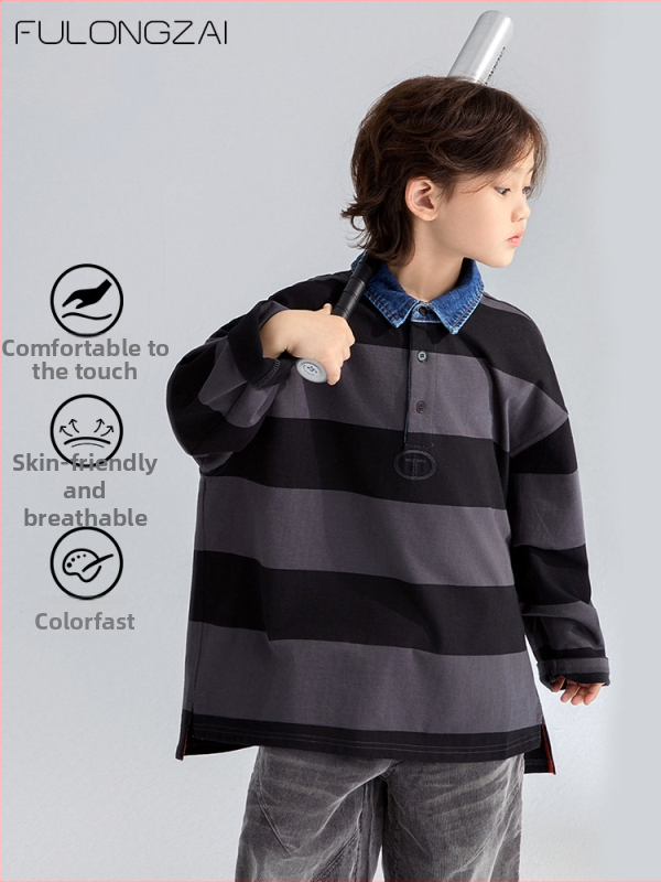 Csíkos gyerek polo, 100% pamut, márka Fulongzai, uniszex, 8 év felett (140 cm fölött)