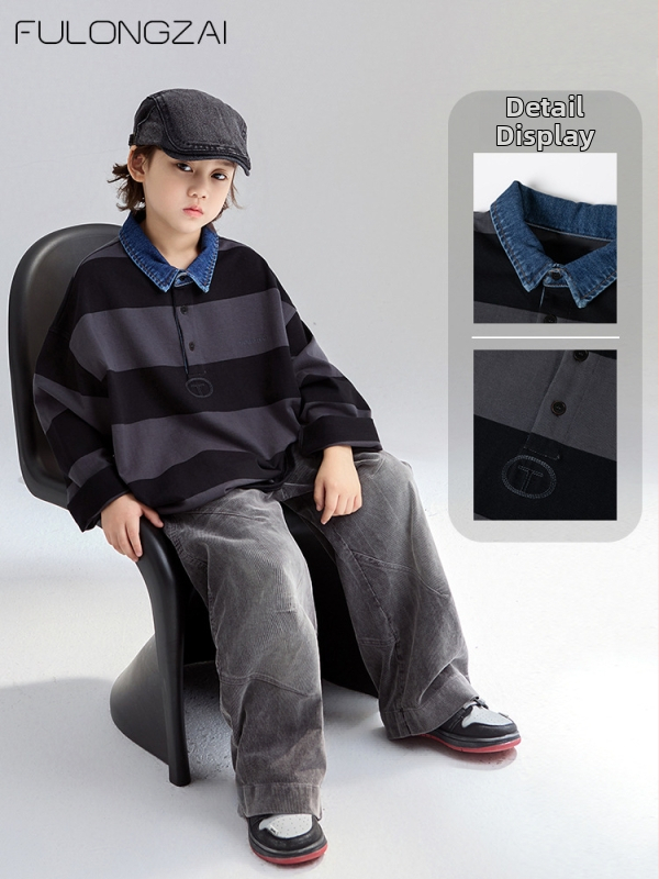 Csíkos gyerek polo, 100% pamut, márka Fulongzai, uniszex, 8 év felett (140 cm fölött)