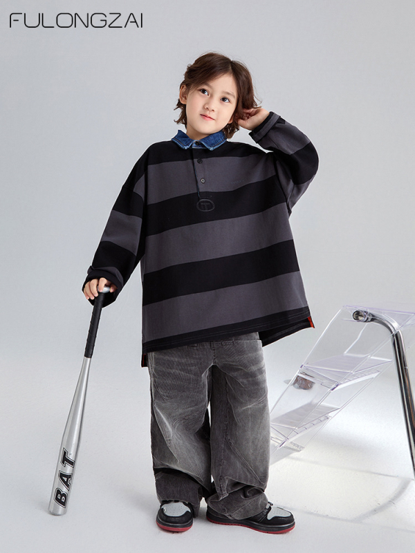 Csíkos gyerek polo, 100% pamut, márka Fulongzai, uniszex, 8 év felett (140 cm fölött)