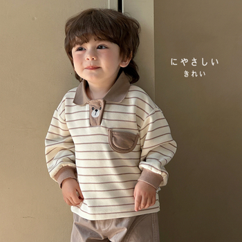 Dječja polo majica s prugastim i karikaturnim uzorcima, mješavina pamuka, casual stil, za dob 1–3 godine, proljeće i jesen.