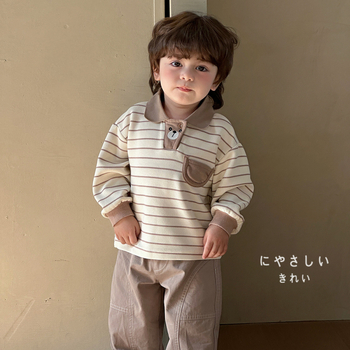 Dječja polo majica s prugastim i karikaturnim uzorcima, mješavina pamuka, casual stil, za dob 1–3 godine, proljeće i jesen.