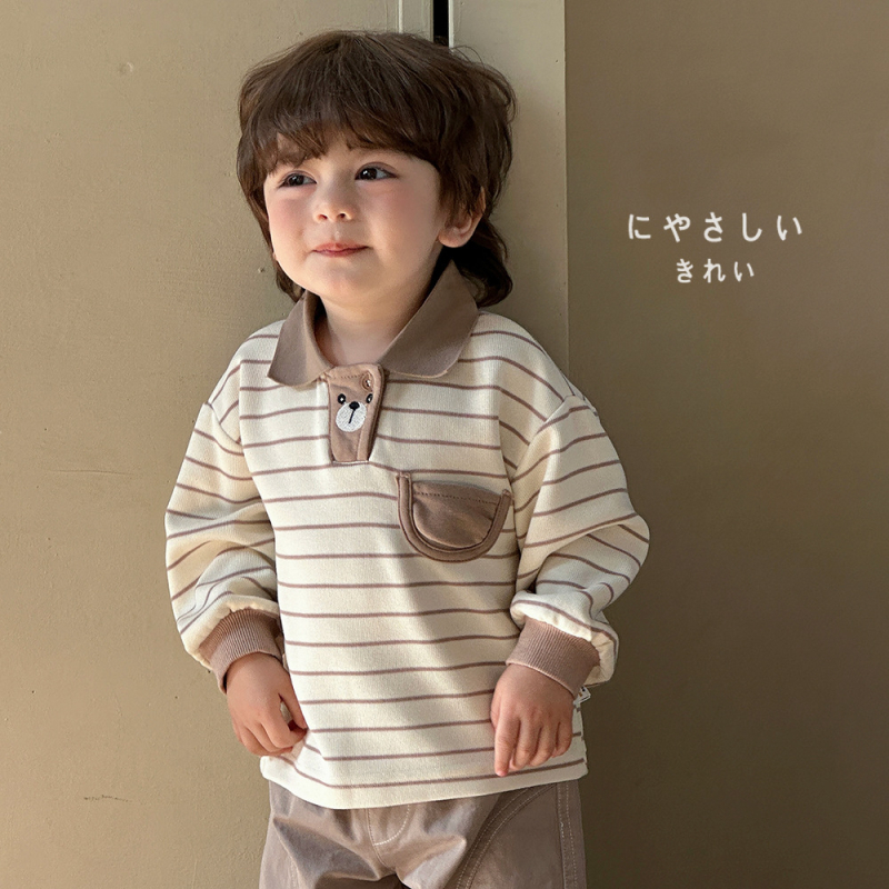 Dječja polo majica s prugastim i karikaturnim uzorcima, mješavina pamuka, casual stil, za dob 1–3 godine, proljeće i jesen.