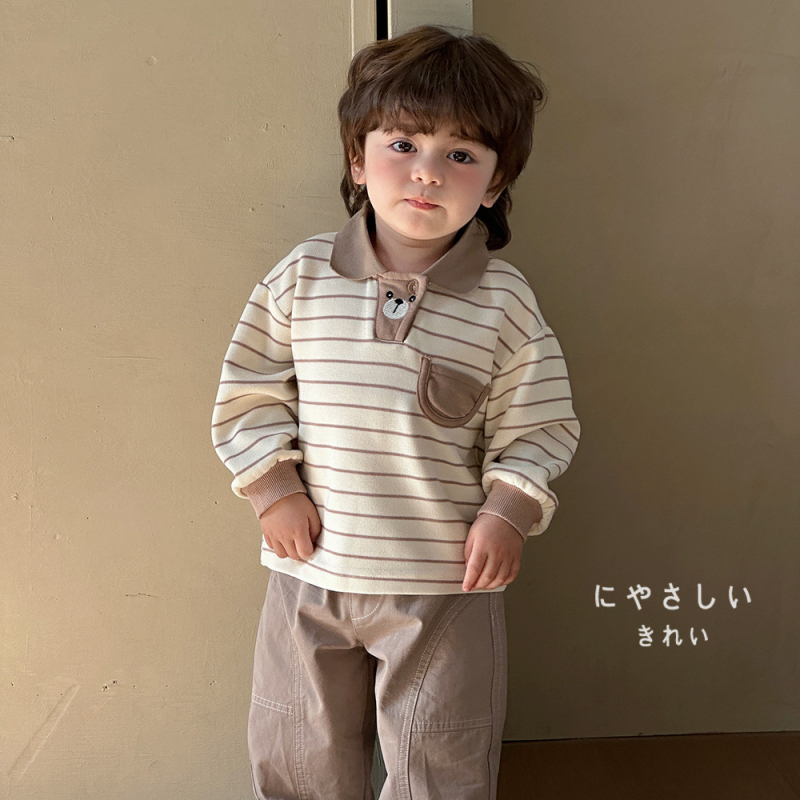 Dječja polo majica s prugastim i karikaturnim uzorcima, mješavina pamuka, casual stil, za dob 1–3 godine, proljeće i jesen.