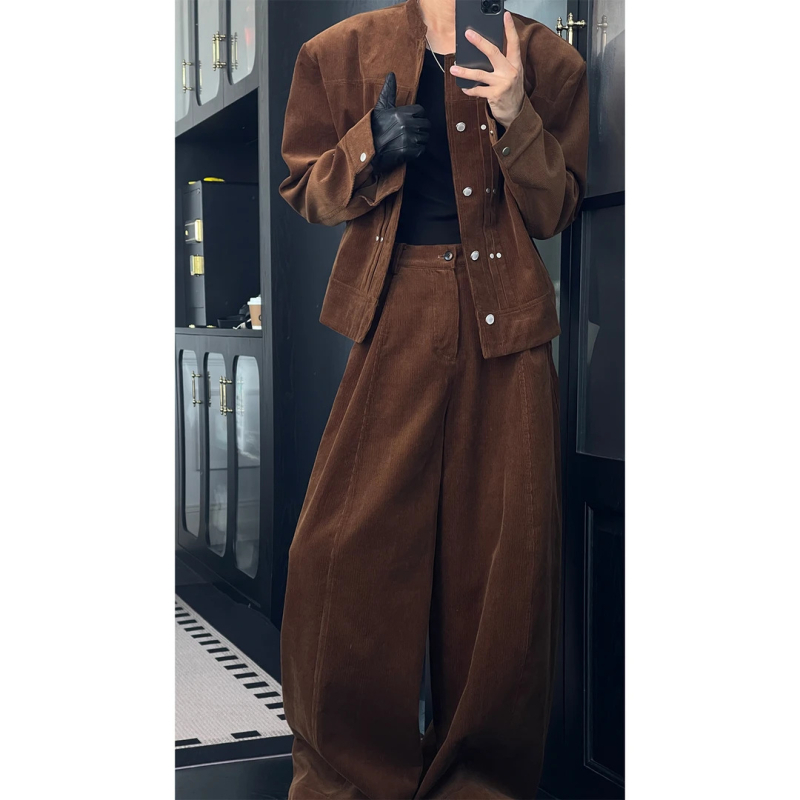 Комплект в ретро стил, дълги ръкави, яка с висока стойка, памучно-смесена тъкан с 100% полиестер