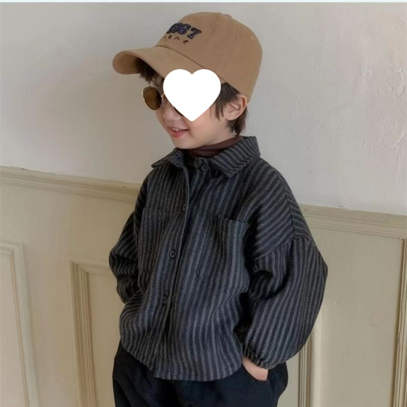 Παιδικό πουκάμισο με ρίγες και γιακά πόλο, πολυεστέρας με 30-50% γούνα κουνελιού, πλύσιμο με ένζυμα, μακρυμάνικο