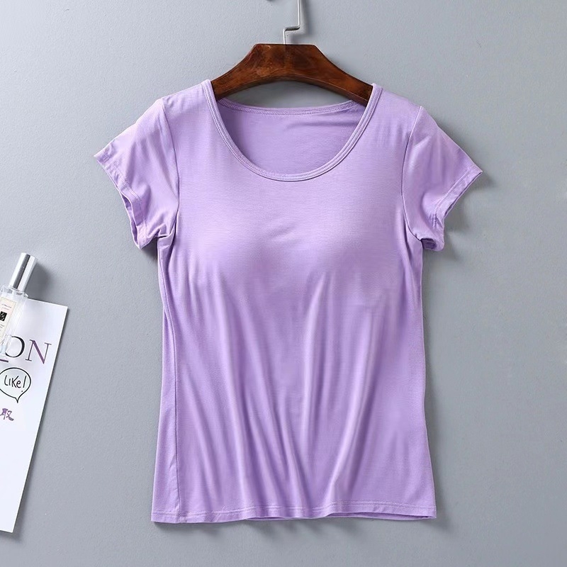 Ženski pajama top s integriranom čašicom, kratki rukav, okrugli izrez, prozračna viskozna tkanina