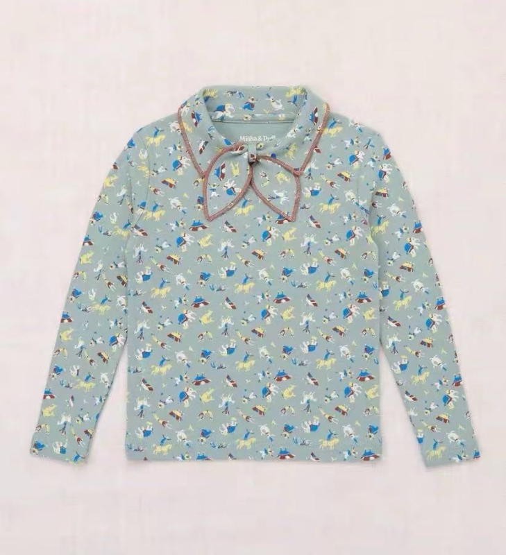 Gyerekeknek szóló hosszú ujjú felső magas gallérral, 100% organikus Pima pamut, lágy felület, japán stílus, retró masni mintázat, uniszex, 3–8 év, ősz.