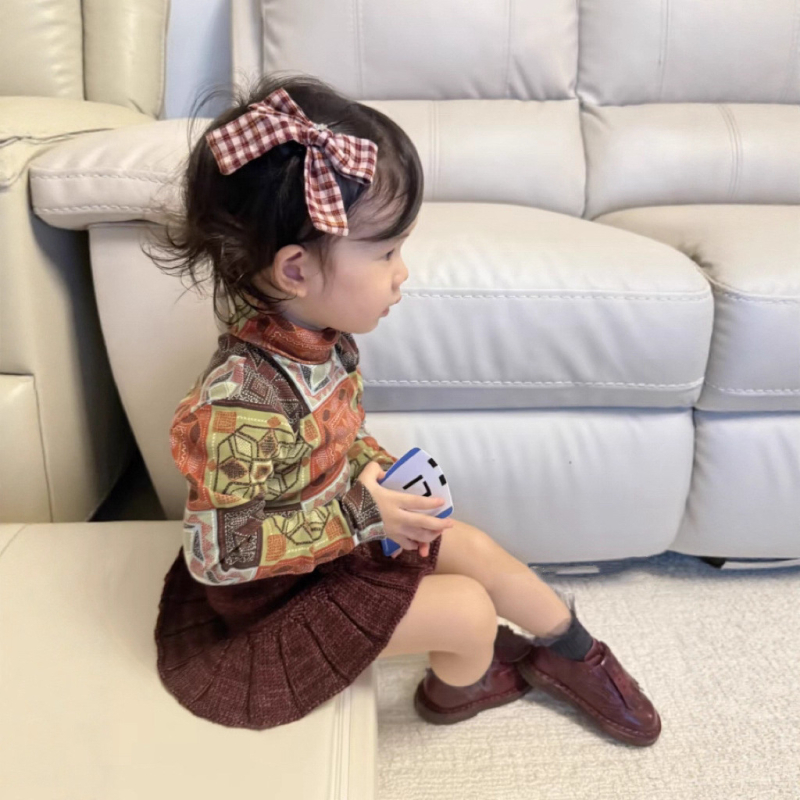 Gyerekeknek szóló hosszú ujjú felső magas gallérral, 100% organikus Pima pamut, lágy felület, japán stílus, retró masni mintázat, uniszex, 3–8 év, ősz.