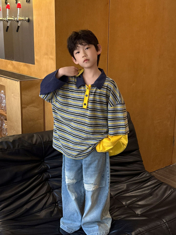 Gyerekeknek készült hosszú ujjú poloing, csíkos minta, pamut-keverék anyag, koreai stílus