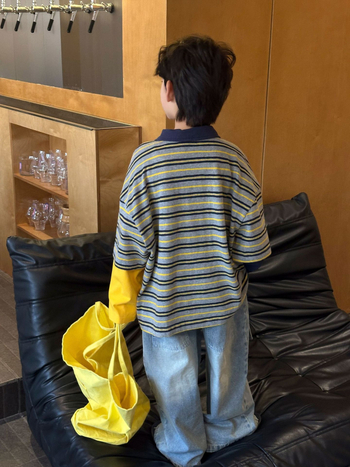 Gyerekeknek készült hosszú ujjú poloing, csíkos minta, pamut-keverék anyag, koreai stílus