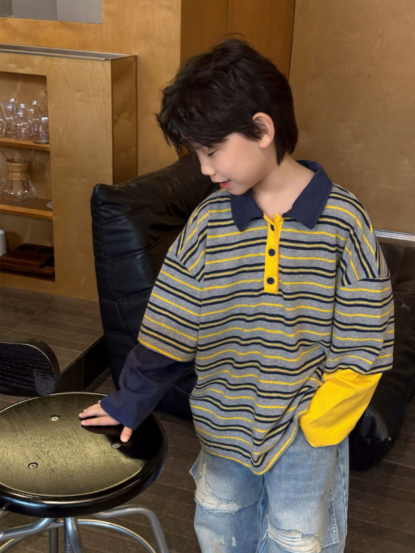 Gyerekeknek készült hosszú ujjú poloing, csíkos minta, pamut-keverék anyag, koreai stílus