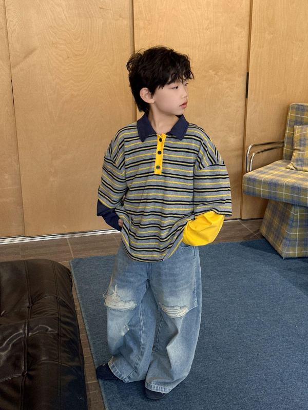 Gyerekeknek készült hosszú ujjú poloing, csíkos minta, pamut-keverék anyag, koreai stílus