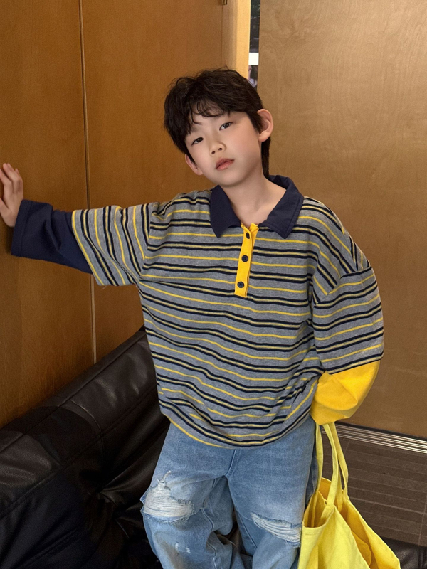 Gyerekeknek készült hosszú ujjú poloing, csíkos minta, pamut-keverék anyag, koreai stílus