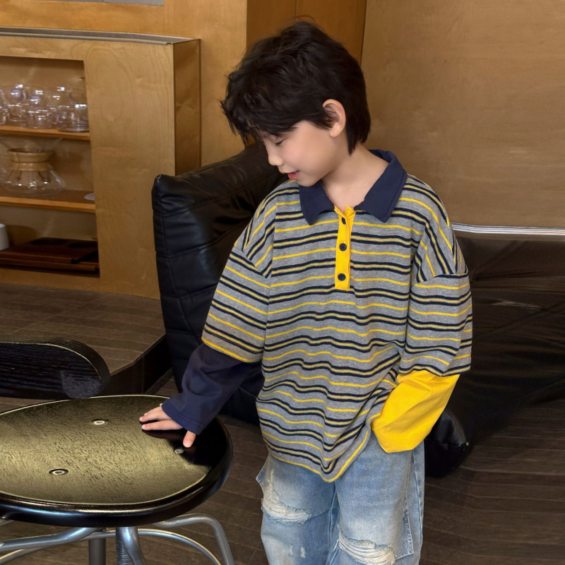 Gyerekeknek készült hosszú ujjú poloing, csíkos minta, pamut-keverék anyag, koreai stílus
