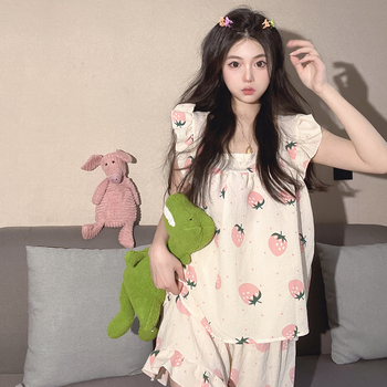 Σετ πιτζάμες για κορίτσια – χωρίς μανίκια τοπ με βολάν, κοντό παντελόνι, ελαφριά πολυεστερική ύφανση με τραχιά υφή, τετράγωνος γιακά.