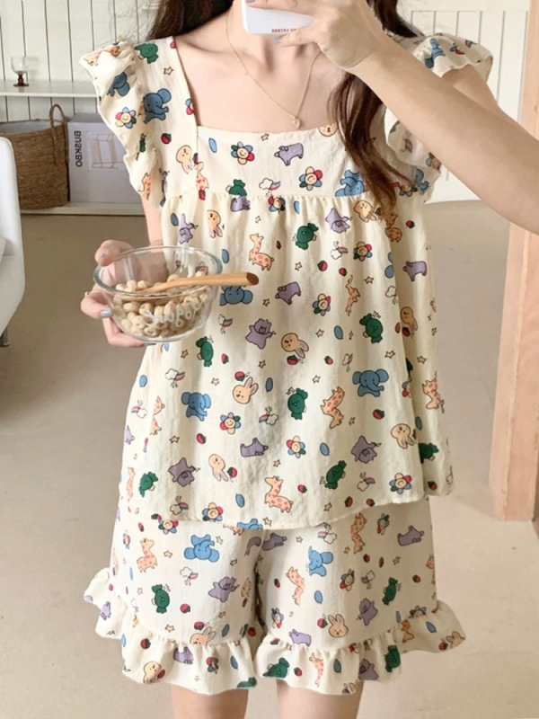 Σετ πιτζάμες για κορίτσια – χωρίς μανίκια τοπ με βολάν, κοντό παντελόνι, ελαφριά πολυεστερική ύφανση με τραχιά υφή, τετράγωνος γιακά.