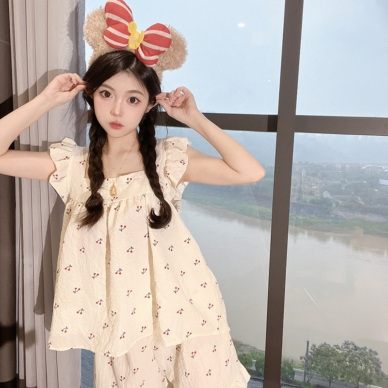 Σετ πιτζάμες για κορίτσια – χωρίς μανίκια τοπ με βολάν, κοντό παντελόνι, ελαφριά πολυεστερική ύφανση με τραχιά υφή, τετράγωνος γιακά.