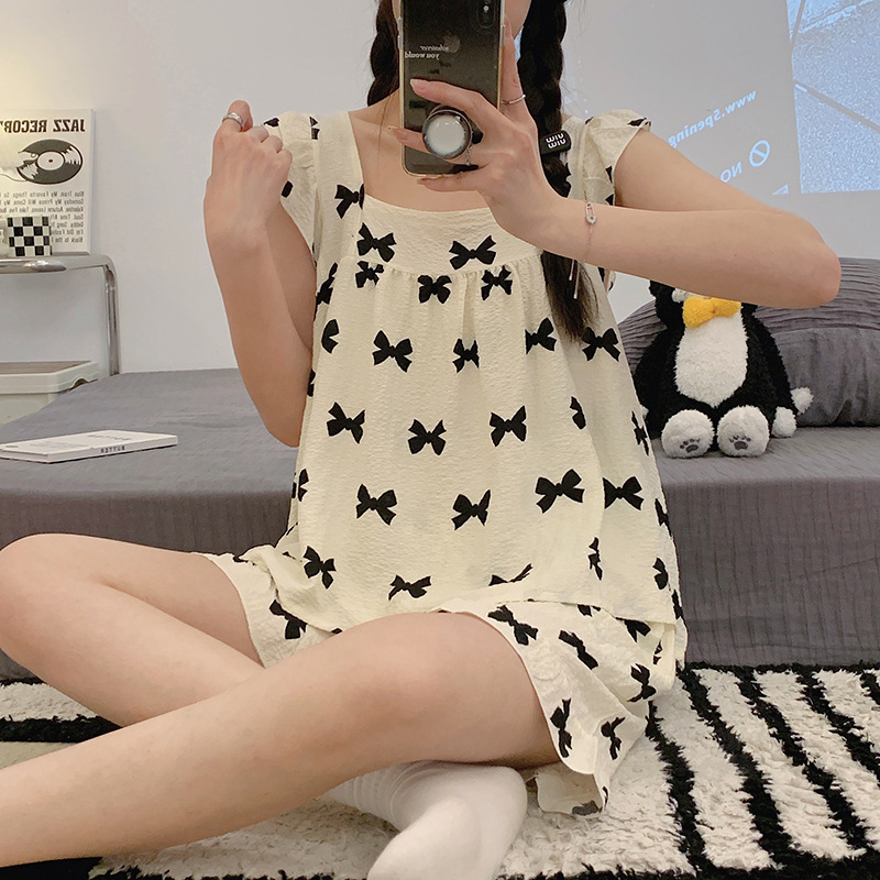 Σετ πιτζάμες για κορίτσια – χωρίς μανίκια τοπ με βολάν, κοντό παντελόνι, ελαφριά πολυεστερική ύφανση με τραχιά υφή, τετράγωνος γιακά.