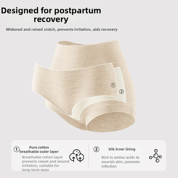 Chiloți de maternitate cu talie înaltă pentru recuperare postpartum, bumbac 90–95%, căptușeală din mătase Mulberry (<30%), tricotat cu 40 de fire