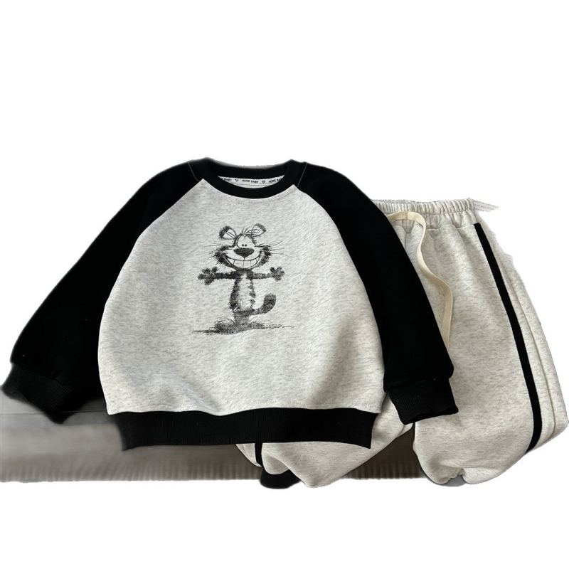 Dječji dvodjelni pamučni set u korejskom stilu, unisex, bez kapuljače, dugi rukavi, abstraktni uzorak, mješavina pamuka/poliester/elastan, za jesen i proljeće, za djecu 3–8 godina