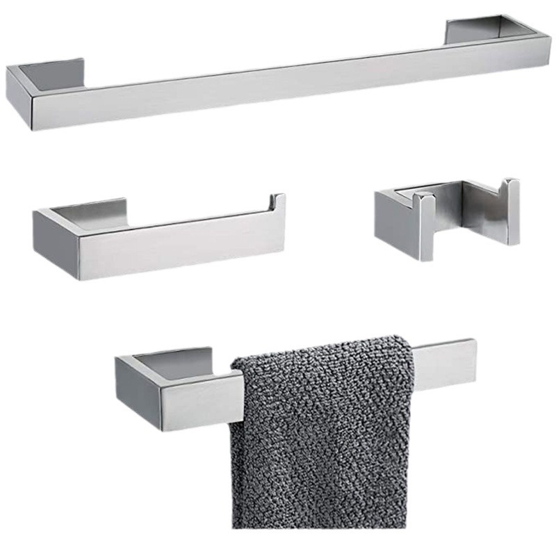 Set kupaonskog hardvera: 304 nehrđajući čelik; držač za ručnike; šipka za ručnike; vješalica za odjeću; držač toaletnog papira; mat završna površina; moderni minimalistički stil; višedijelni set.