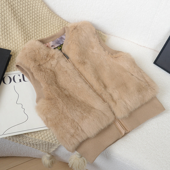 Παιδικό γιλέκο από πραγματική γούνα κουνελιού με δερμάτινες λεπτομέρειες, φερμουάρ, επένδυση από βαμβάκι, χωρίς κουκούλα, για αγόρια και κορίτσια, για χειμώνα, άνοιξη και φθινόπωρο