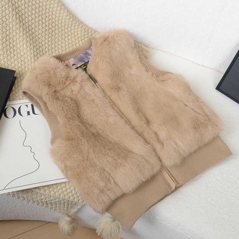 Παιδικό γιλέκο από πραγματική γούνα κουνελιού με δερμάτινες λεπτομέρειες, φερμουάρ, επένδυση από βαμβάκι, χωρίς κουκούλα, για αγόρια και κορίτσια, για χειμώνα, άνοιξη και φθινόπωρο