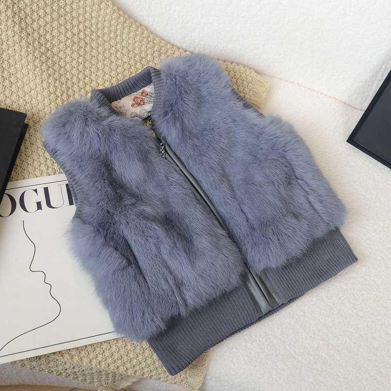 Παιδικό γιλέκο από πραγματική γούνα κουνελιού με δερμάτινες λεπτομέρειες, φερμουάρ, επένδυση από βαμβάκι, χωρίς κουκούλα, για αγόρια και κορίτσια, για χειμώνα, άνοιξη και φθινόπωρο