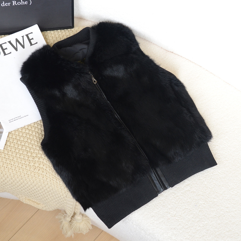 Παιδικό γιλέκο από πραγματική γούνα κουνελιού με δερμάτινες λεπτομέρειες, φερμουάρ, επένδυση από βαμβάκι, χωρίς κουκούλα, για αγόρια και κορίτσια, για χειμώνα, άνοιξη και φθινόπωρο