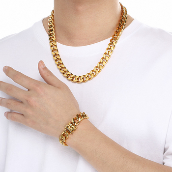 Ανδρικό σετ κολιέ και βραχιόλι με αλυσίδα Cuban από τιτάνιο-ατσάλι, κούμπωμα με κεφαλή δράκοντα, casual στυλ, ηλεκτροπλατίωση.