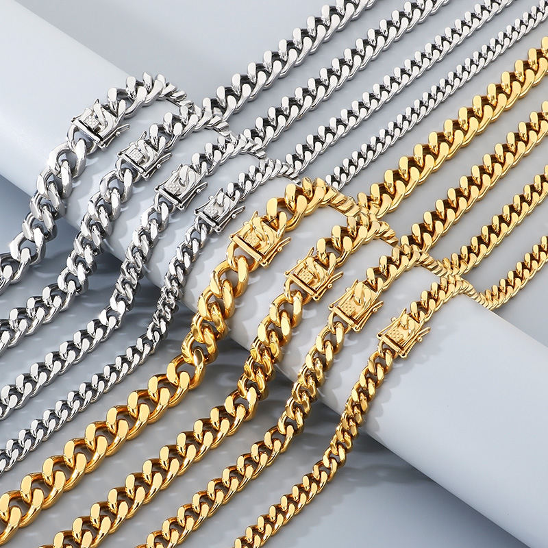 Ανδρικό σετ κολιέ και βραχιόλι με αλυσίδα Cuban από τιτάνιο-ατσάλι, κούμπωμα με κεφαλή δράκοντα, casual στυλ, ηλεκτροπλατίωση.