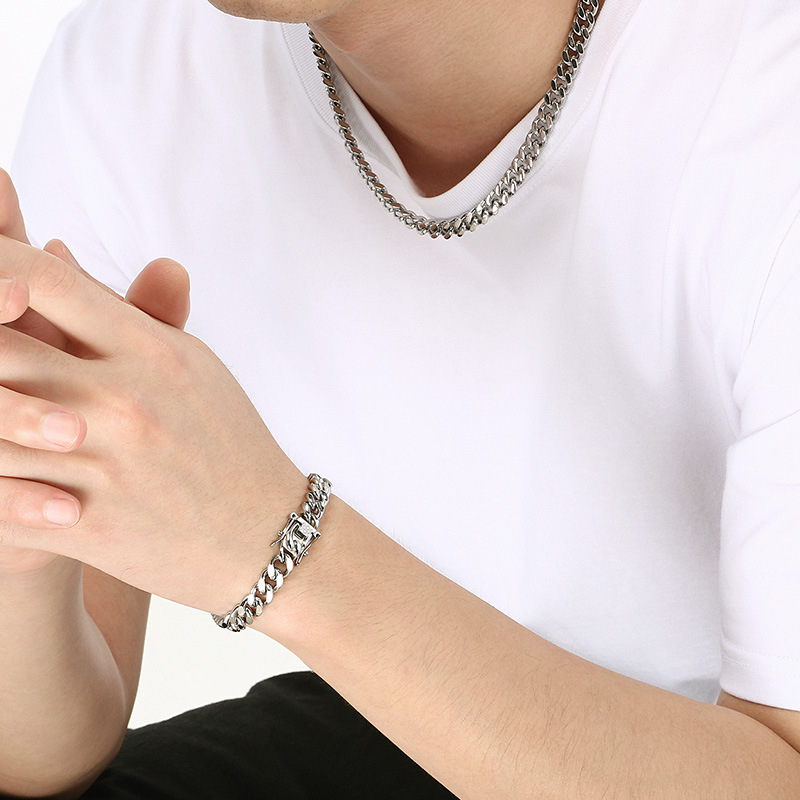 Ανδρικό σετ κολιέ και βραχιόλι με αλυσίδα Cuban από τιτάνιο-ατσάλι, κούμπωμα με κεφαλή δράκοντα, casual στυλ, ηλεκτροπλατίωση.
