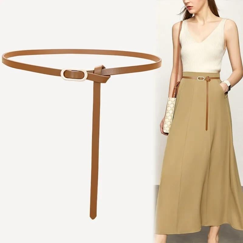 Curea subțire din piele naturală pentru rochie, două straturi de piele de vită, cataramă din aliaj